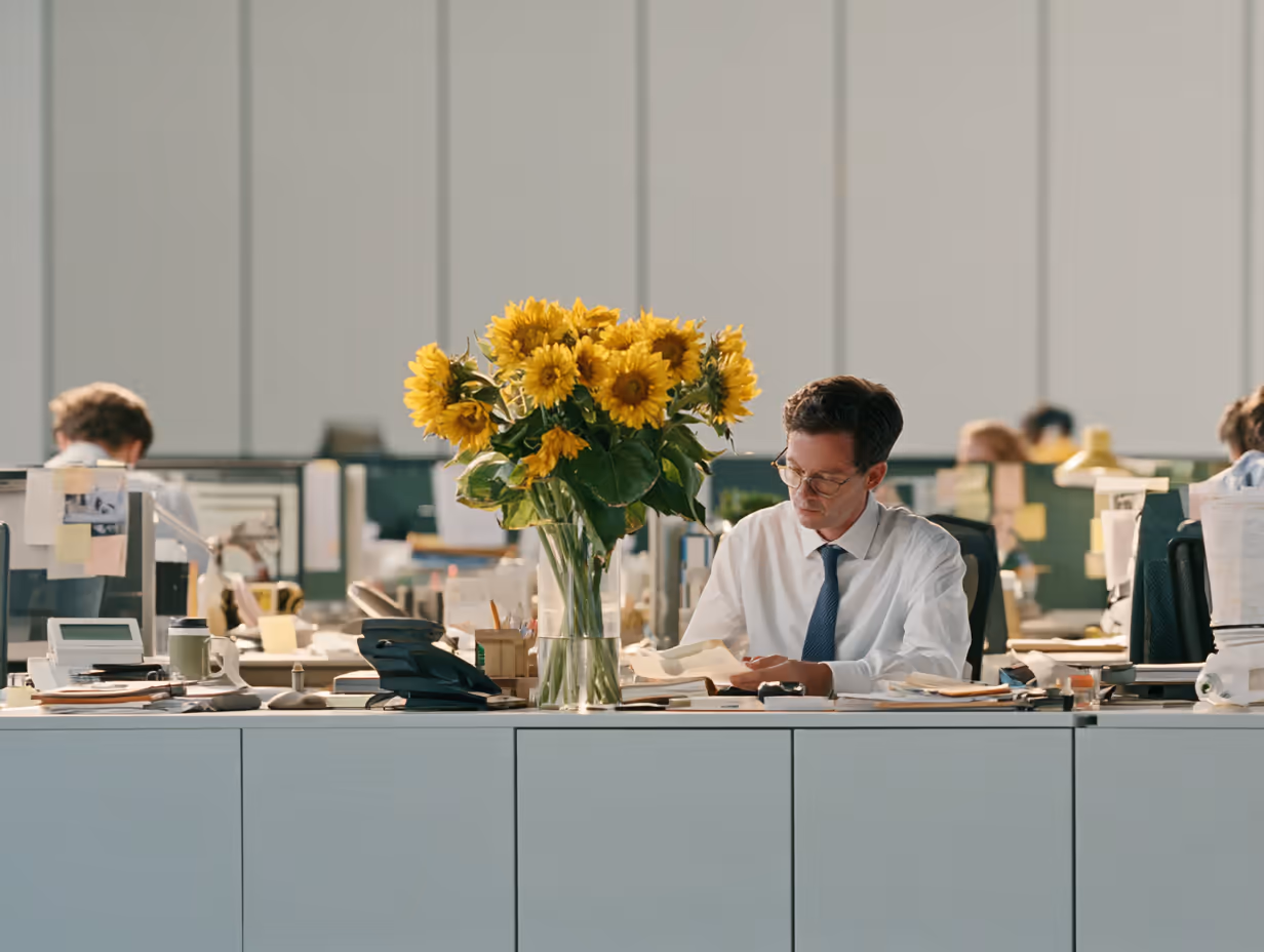 Fotorealistische Büroszene: ein Mann am Schreibtisch, davor Sonnenblumen, im Hintergrund weitere Arbeitsplätze