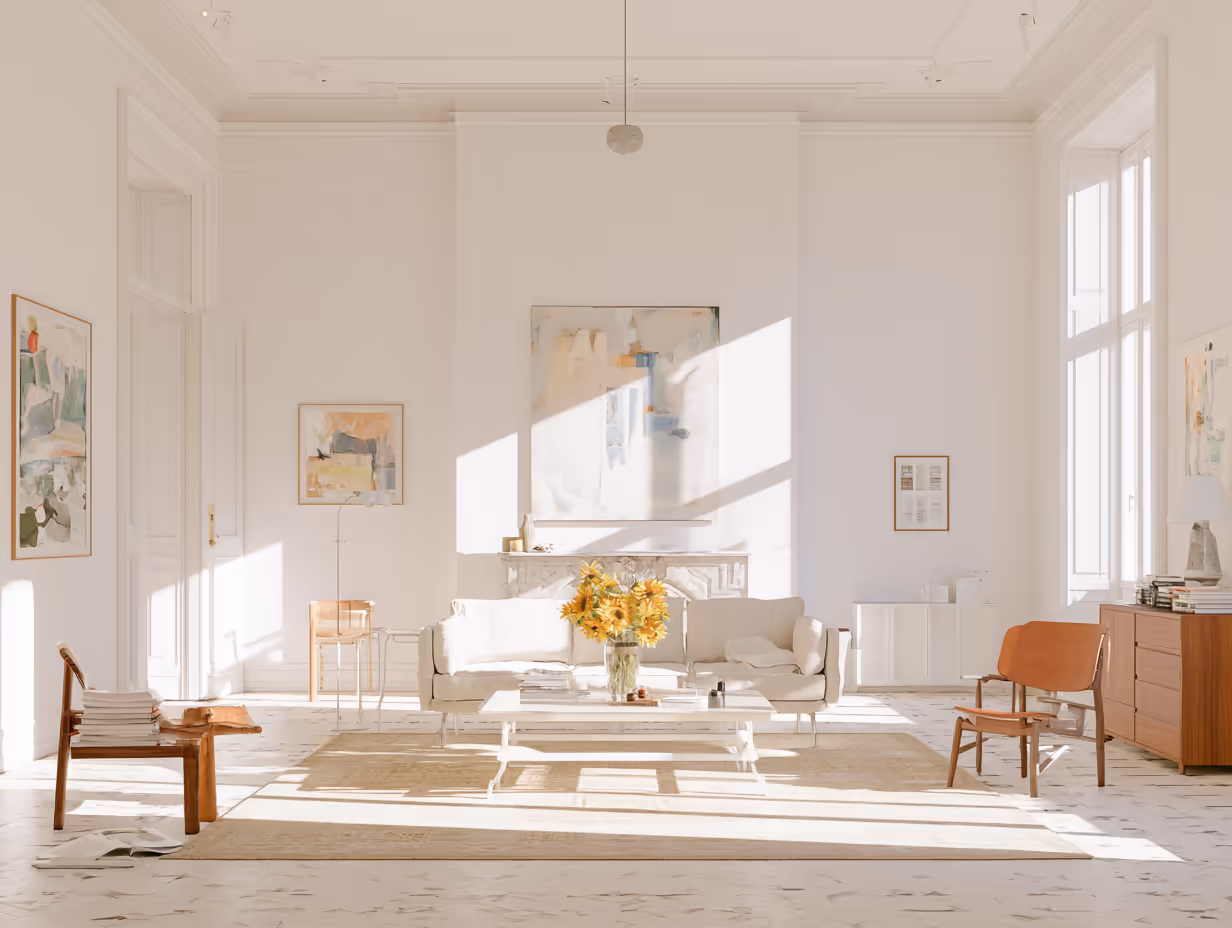 Heller, hoher Altbauraum mit Sofas, Teppich und Sonnenblumen auf dem Tisch
