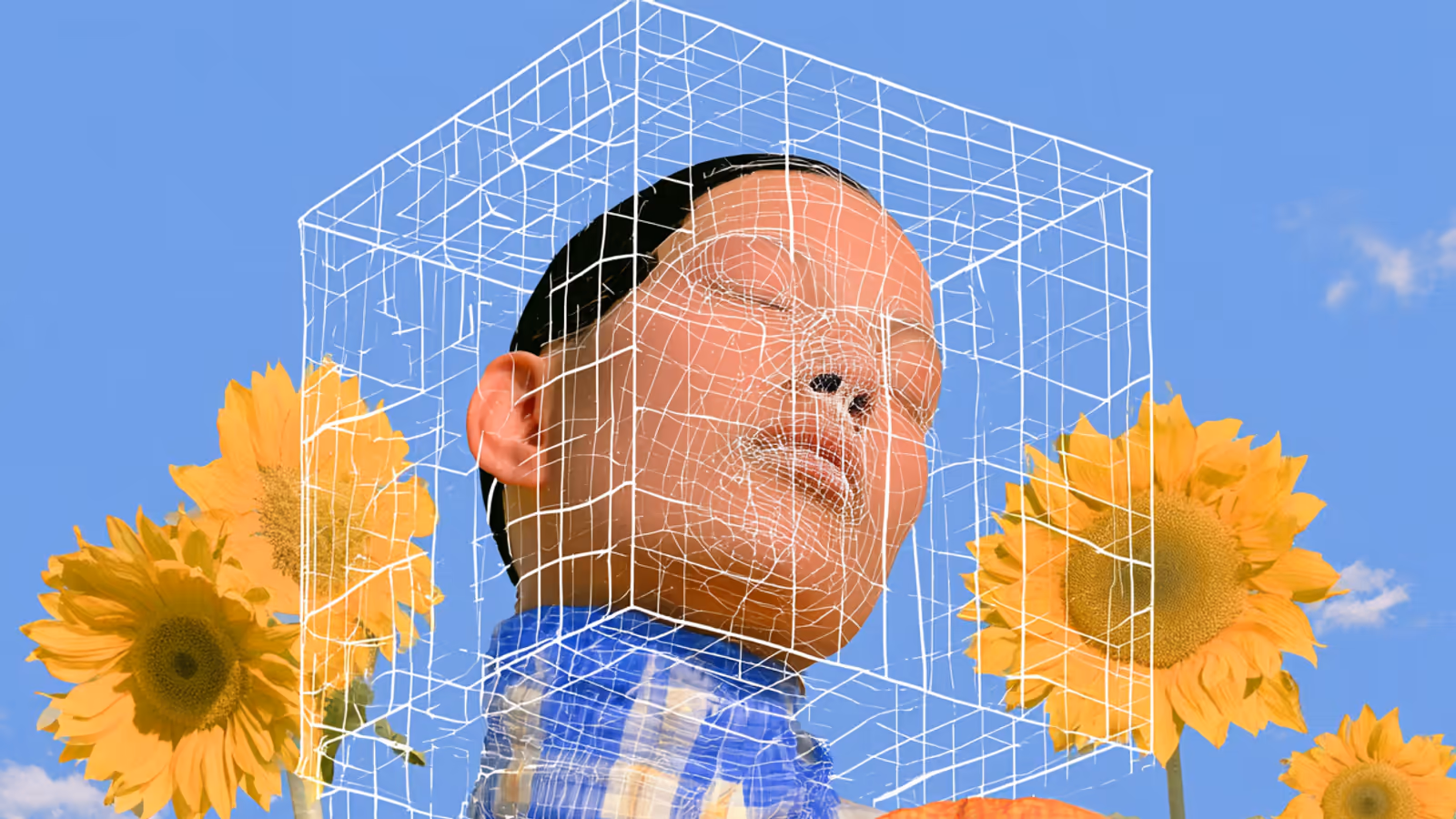 Person vor blauem Himmel und Sonnenblumen, über dem Gesicht ein weißes Drahtgitter wie bei einer Gesichtsvermessung
