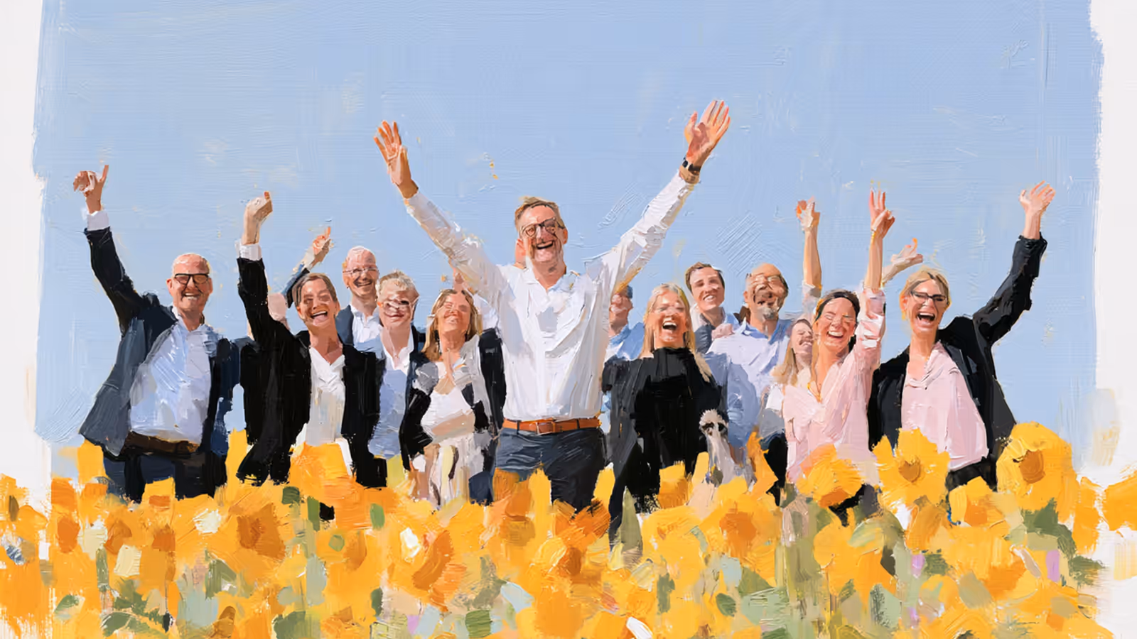 Gemalte Darstellung: eine Gruppe in Businesskleidung steht mit erhobenen Armen in einem Sonnenblumenfeld