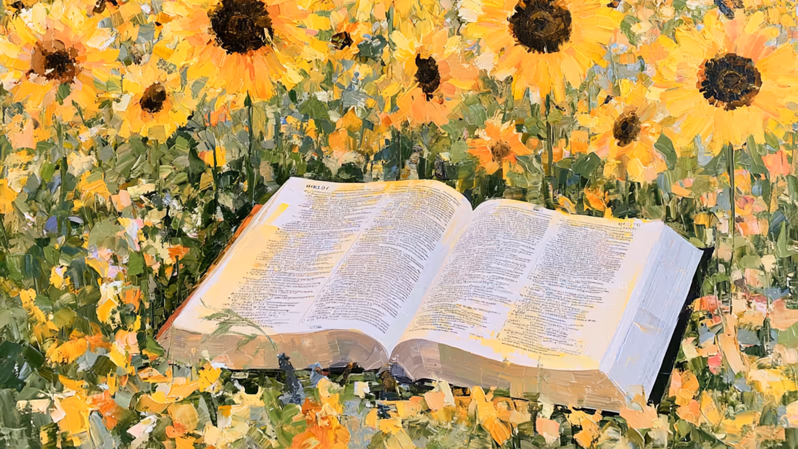 Gemalte Darstellung: ein aufgeschlagenes Buch liegt in einem Sonnenblumenfeld