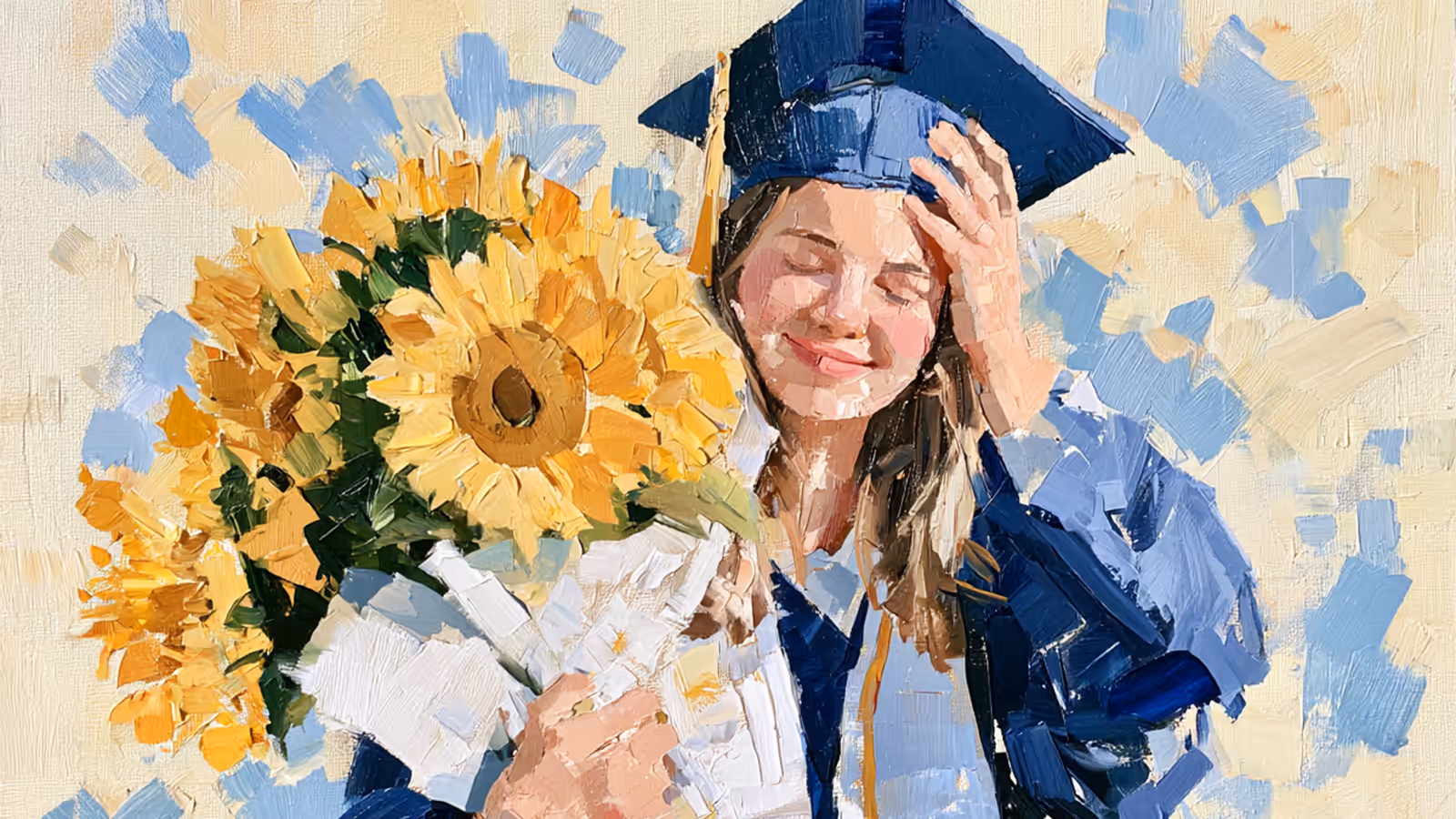 Gemalte Darstellung: eine Absolventin mit Doktorhut hält einen Strauß Sonnenblumen im Arm