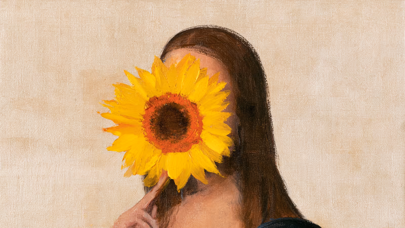Gemalte Darstellung: eine Person hält sich eine Sonnenblume vors Gesicht