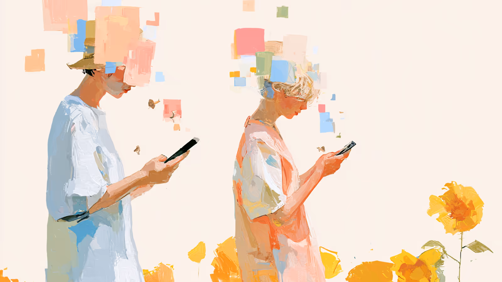 Illustration: fünf Menschen stehen mit dem Rücken zum Betrachter in einem Sonnenblumenfeld und halten ihre Telefone hoch, bunte Beiträge steigen in den Himmel