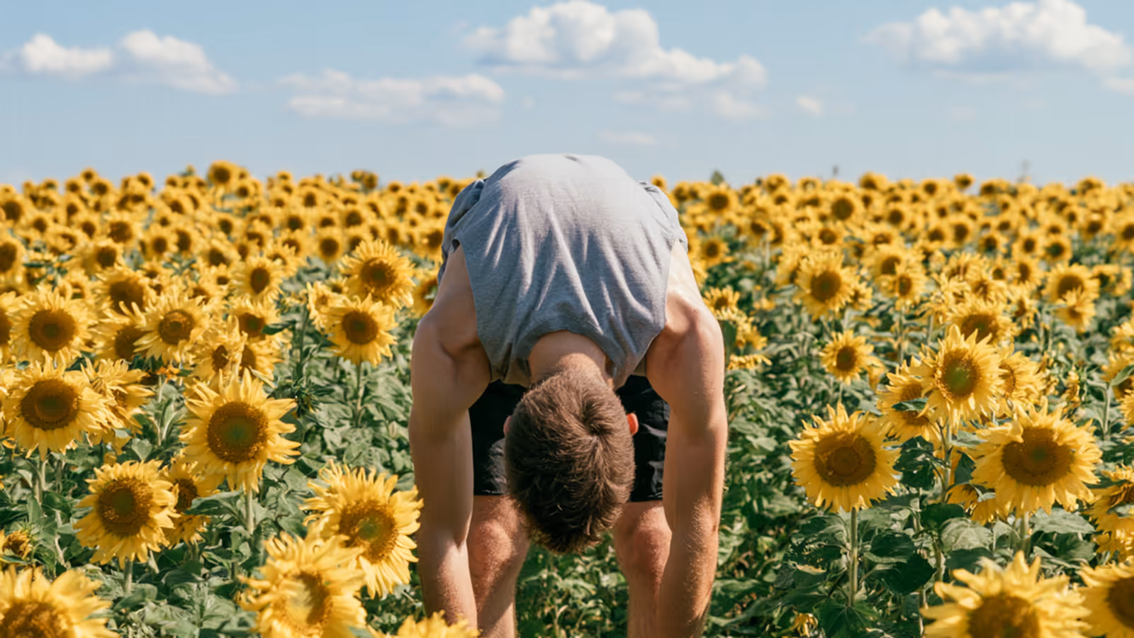 Person beugt sich beim Dehnen in einem weiten Sonnenblumenfeld nach vorn