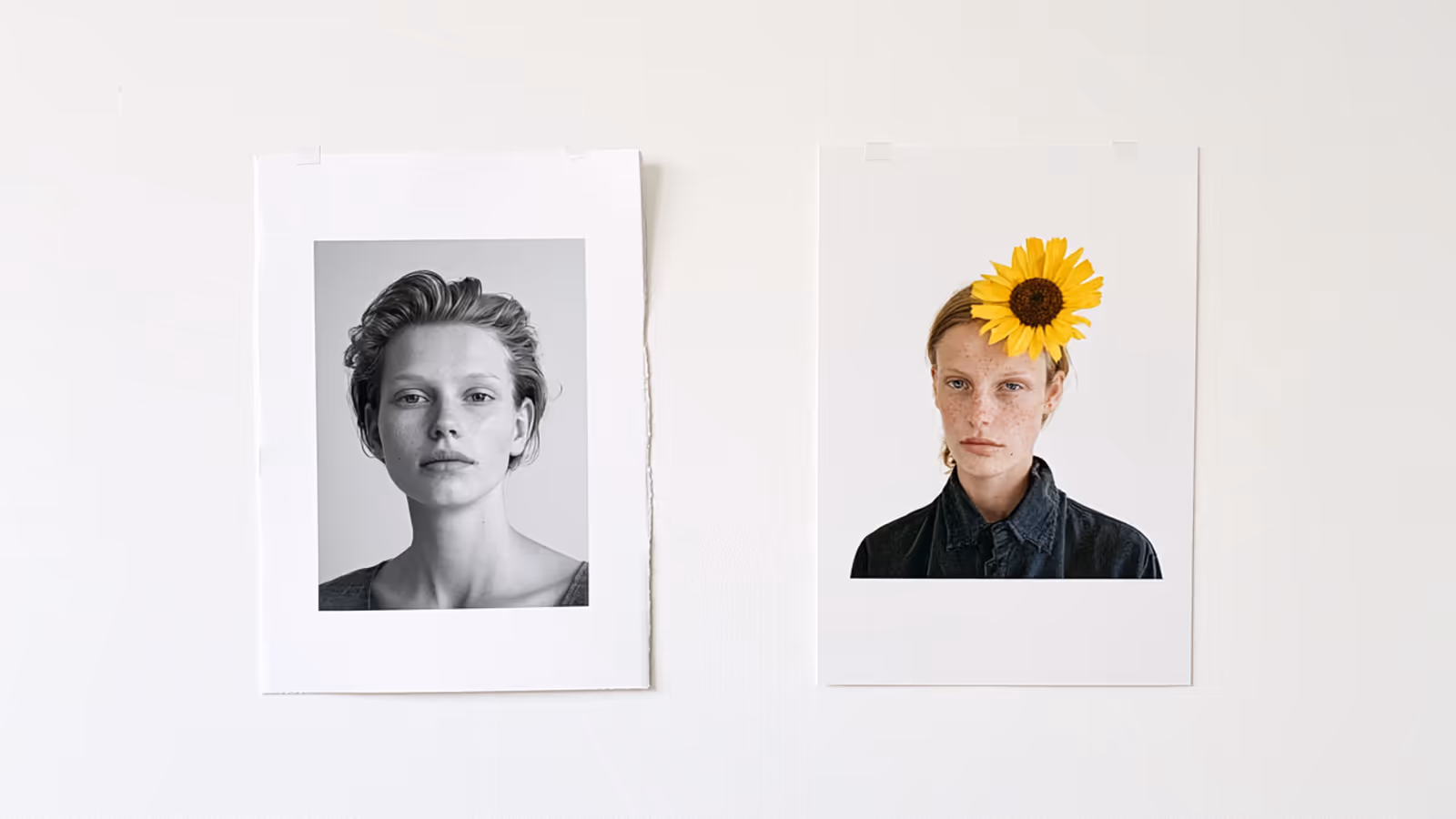 Zwei Porträtdrucke nebeneinander an einer weißen Wand: links eine Schwarz-Weiß-Aufnahme, rechts dieselbe Person in Farbe mit einer Sonnenblume am Kopf