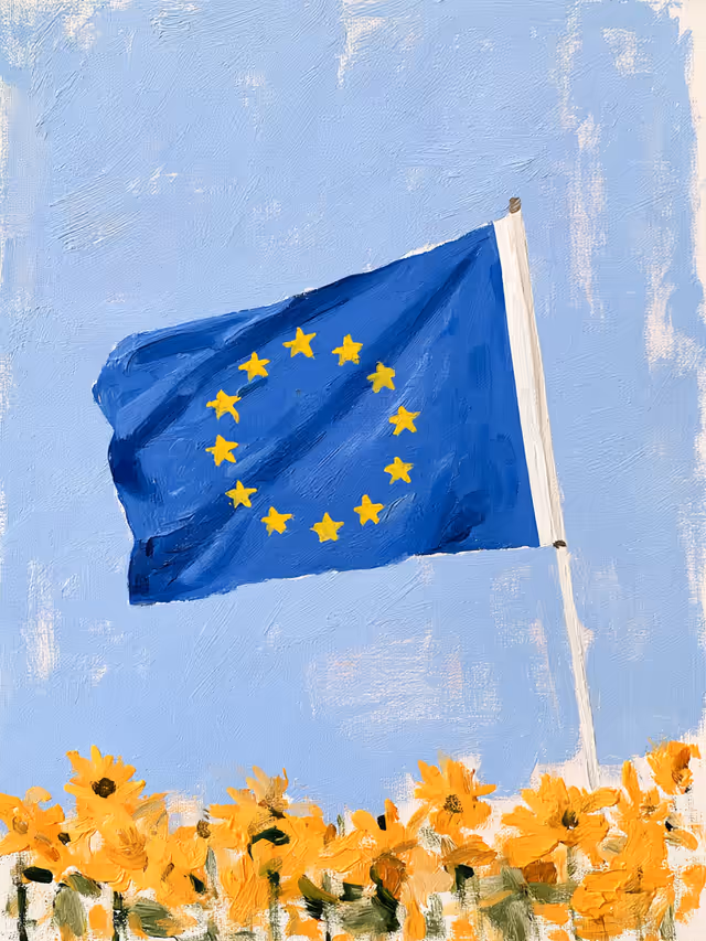 KI-generiertes Bild von wirklich.ai: gemalte Europaflagge im Wind über einem Feld gelber Blumen