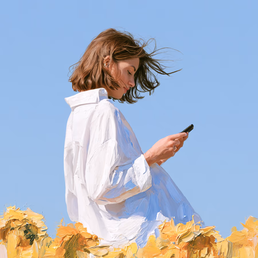 KI-generiertes Bild von wirklich.ai: Frau mit Smartphone in einem Sonnenblumenfeld, gemalt wirkende Darstellung